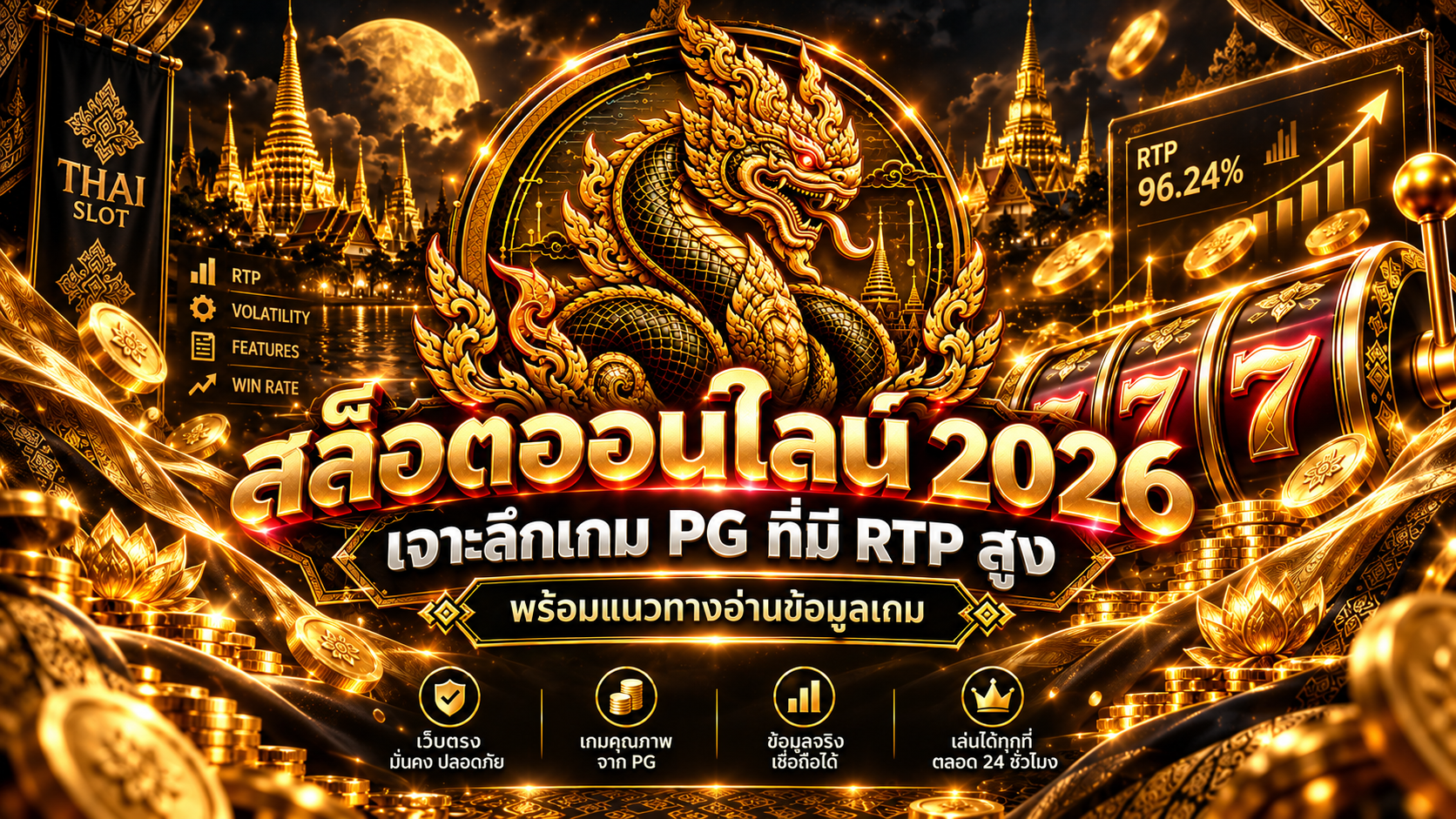 หน้าจอเกมสล็อตสมมติสำหรับอธิบายสัญลักษณ์และกติกา